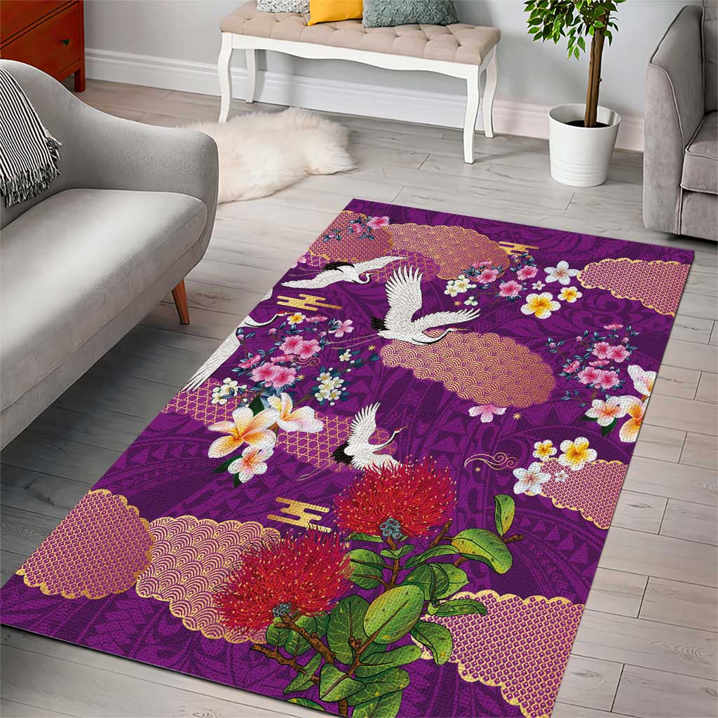 Hawaiian and Japanese Culture Together Area Rug Purple Ohia Lehua Plumeria and Sakura Blooming - Polynesian Pride