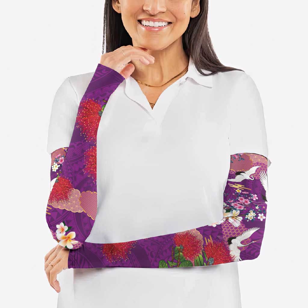 Hawaiian and Japanese Culture Together Arm Sleeves Purple Ohia Lehua Plumeria and Sakura Blooming - Polynesian Pride