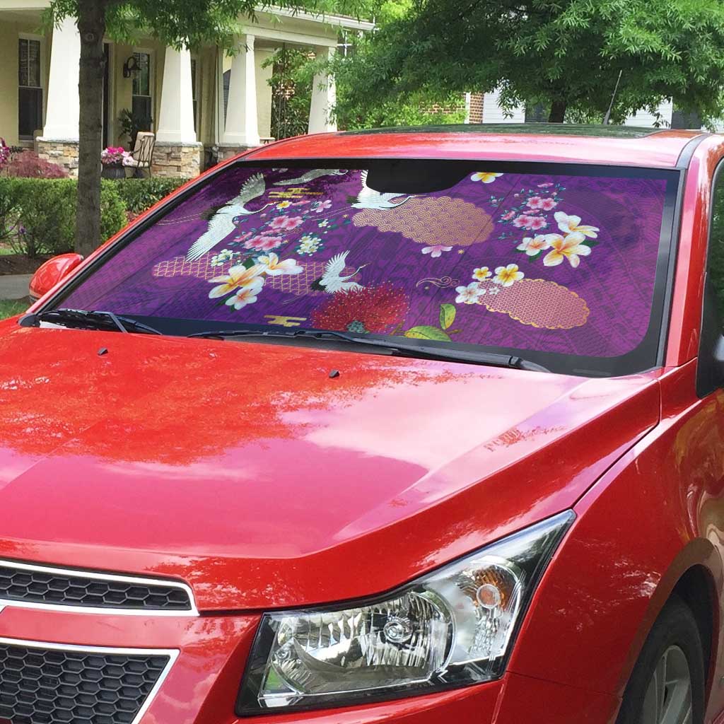 Hawaiian and Japanese Culture Together Auto Sun Shade Purple Ohia Lehua Plumeria and Sakura Blooming - Polynesian Pride