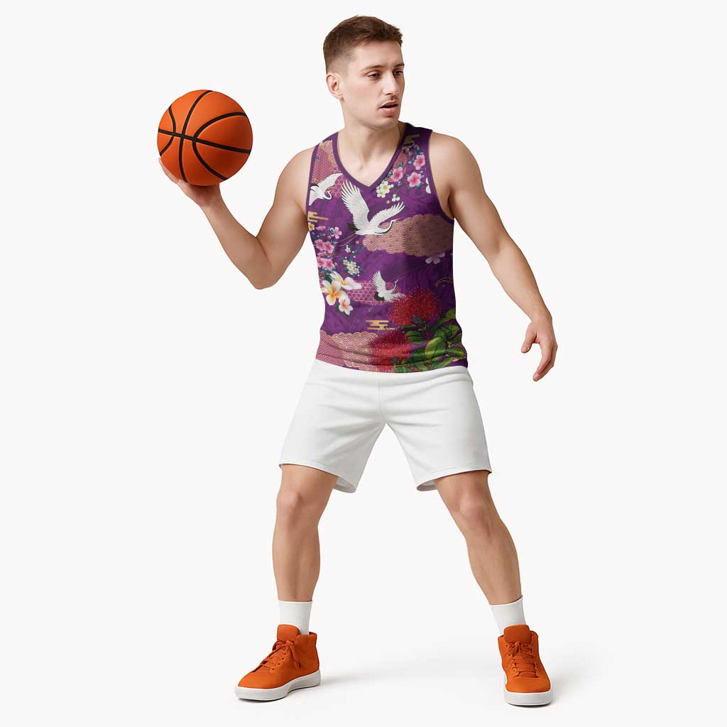 Hawaiian and Japanese Culture Together Basketball Jersey Purple Ohia Lehua Plumeria and Sakura Blooming - Polynesian Pride