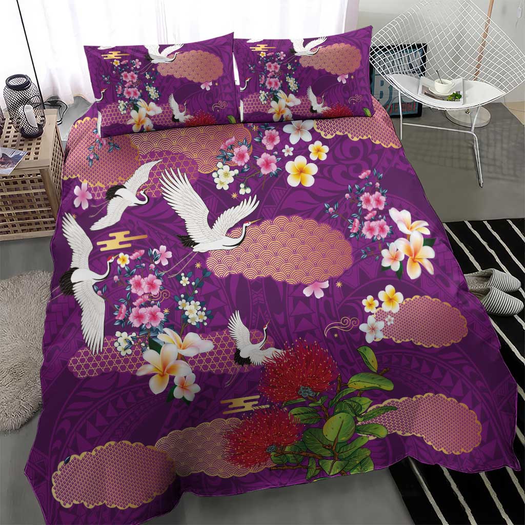 Hawaiian and Japanese Culture Together Bedding Set Purple Ohia Lehua Plumeria and Sakura Blooming - Polynesian Pride