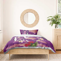 Hawaiian and Japanese Culture Together Bedding Set Purple Ohia Lehua Plumeria and Sakura Blooming - Polynesian Pride