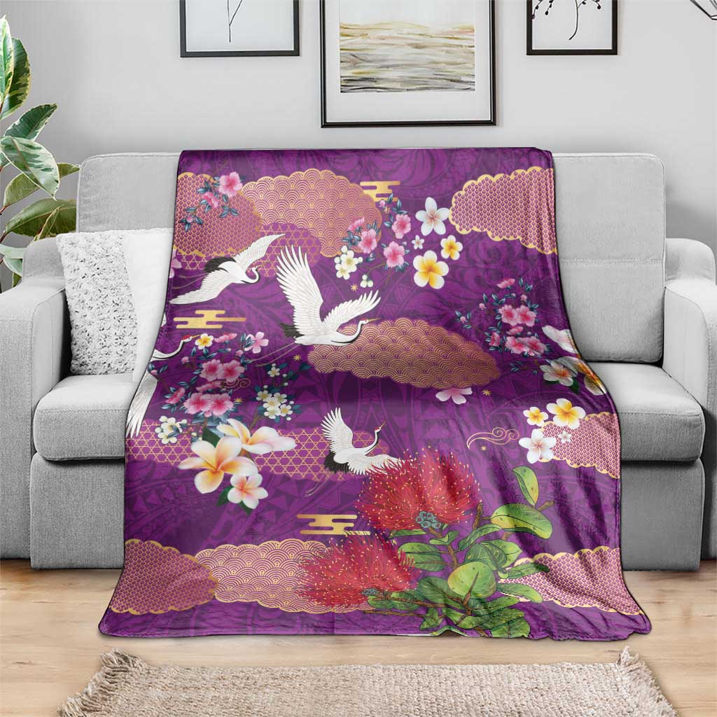 Hawaiian and Japanese Culture Together Blanket Purple Ohia Lehua Plumeria and Sakura Blooming - Polynesian Pride