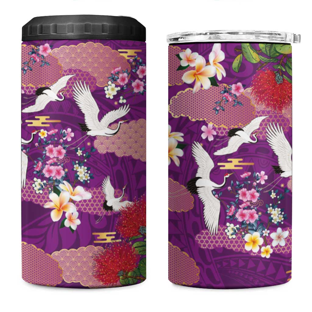 Hawaiian and Japanese Culture Together 4 in 1 Can Cooler Tumbler Purple Ohia Lehua Plumeria and Sakura Blooming - Polynesian Pride