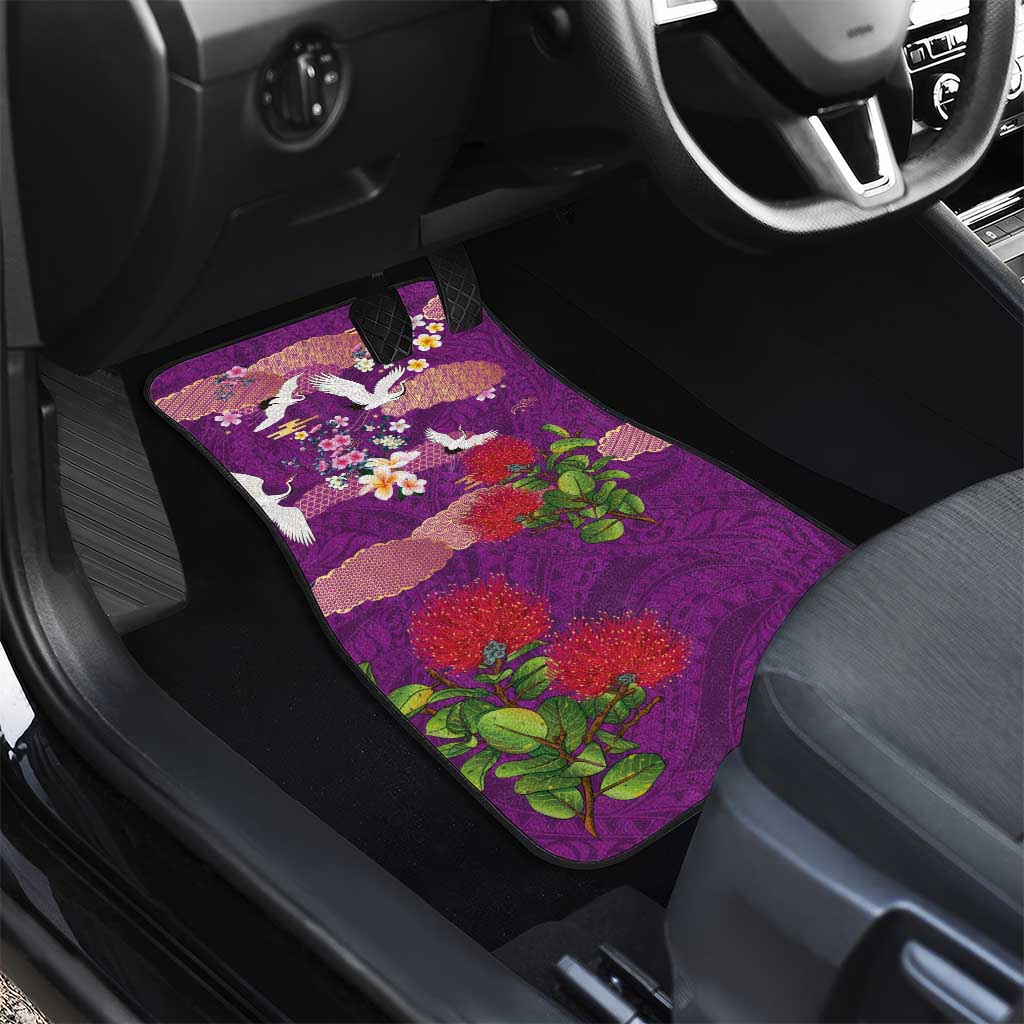 Hawaiian and Japanese Culture Together Car Mats Purple Ohia Lehua Plumeria and Sakura Blooming - Polynesian Pride