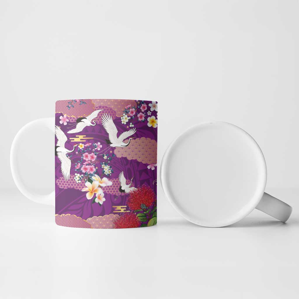Hawaiian and Japanese Culture Together Ceramic Mug Purple Ohia Lehua Plumeria and Sakura Blooming - Polynesian Pride