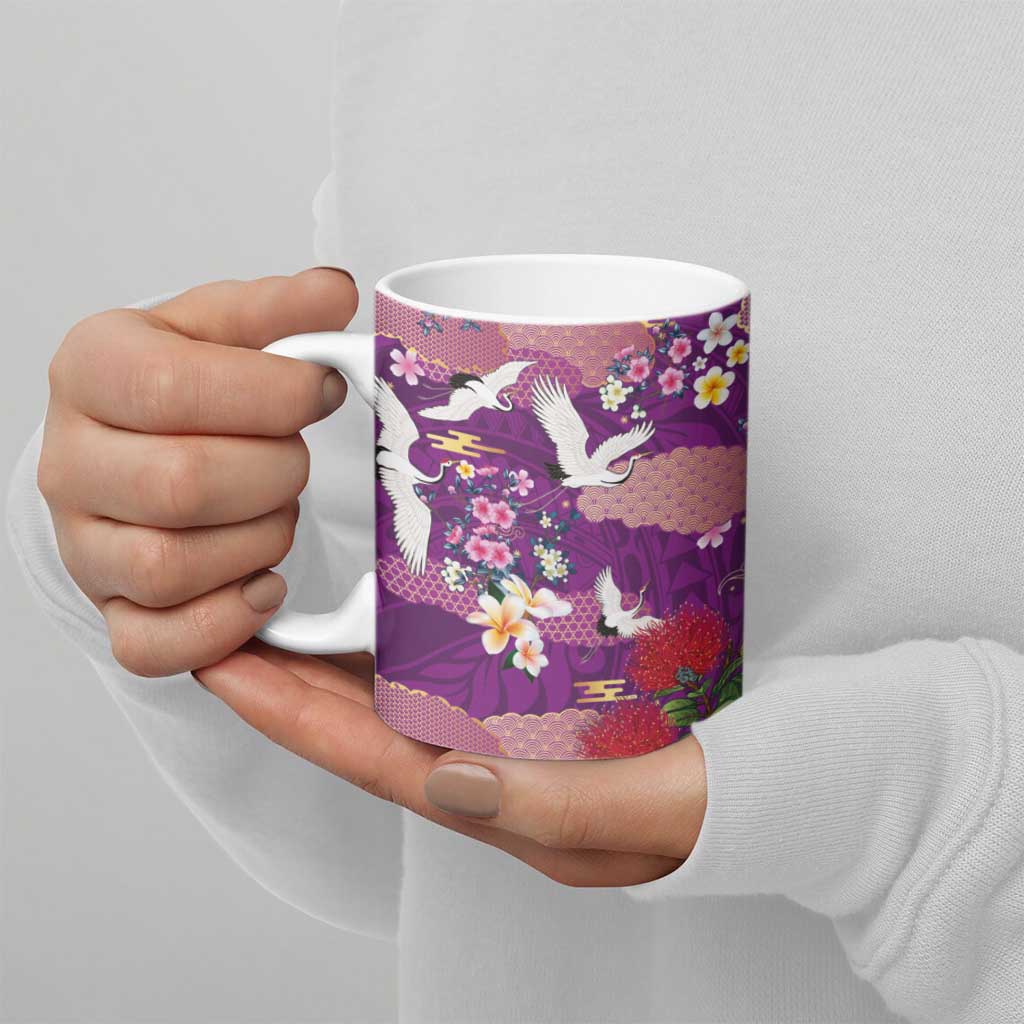 Hawaiian and Japanese Culture Together Ceramic Mug Purple Ohia Lehua Plumeria and Sakura Blooming - Polynesian Pride