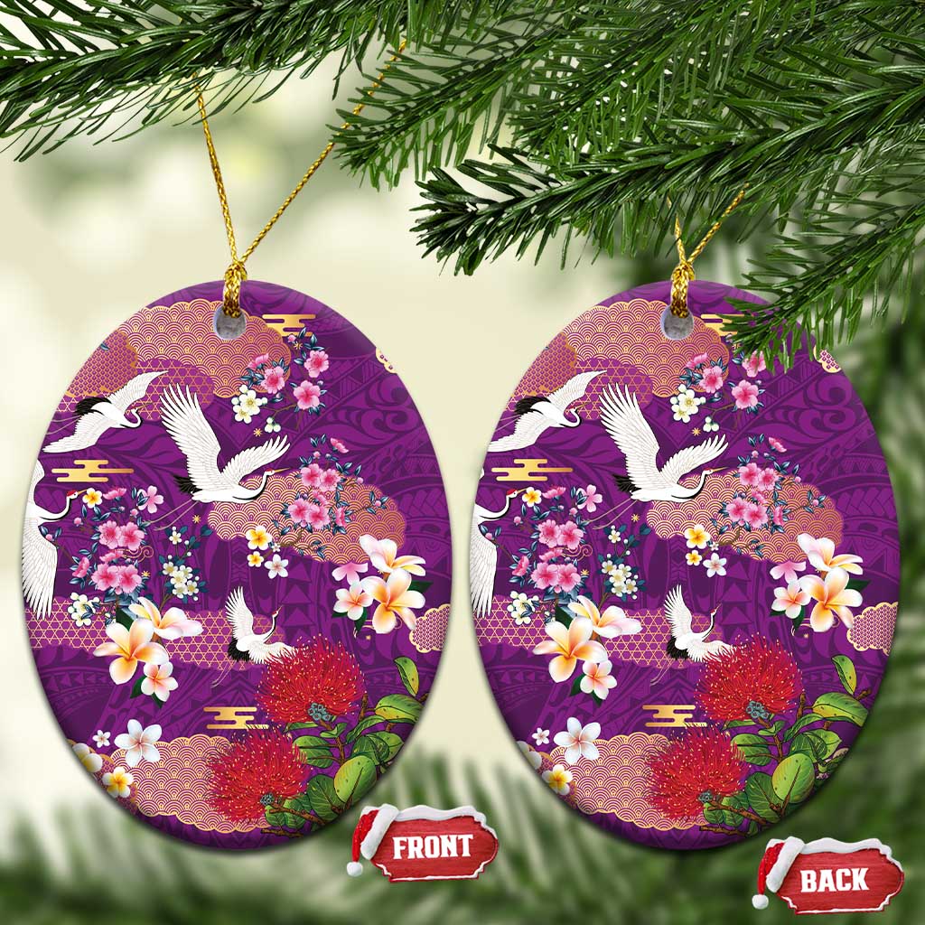 Hawaiian and Japanese Culture Together Ceramic Ornament Purple Ohia Lehua Plumeria and Sakura Blooming - Polynesian Pride