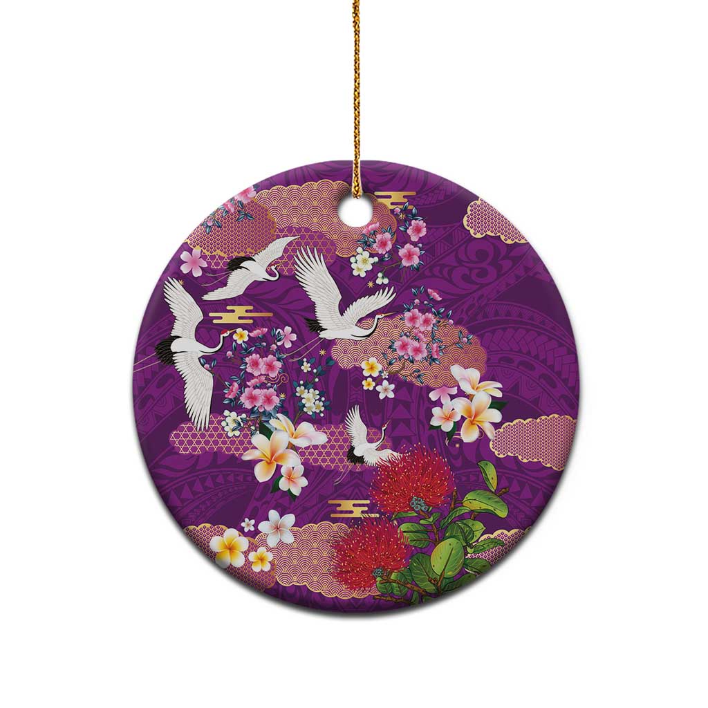 Hawaiian and Japanese Culture Together Ceramic Ornament Purple Ohia Lehua Plumeria and Sakura Blooming - Polynesian Pride