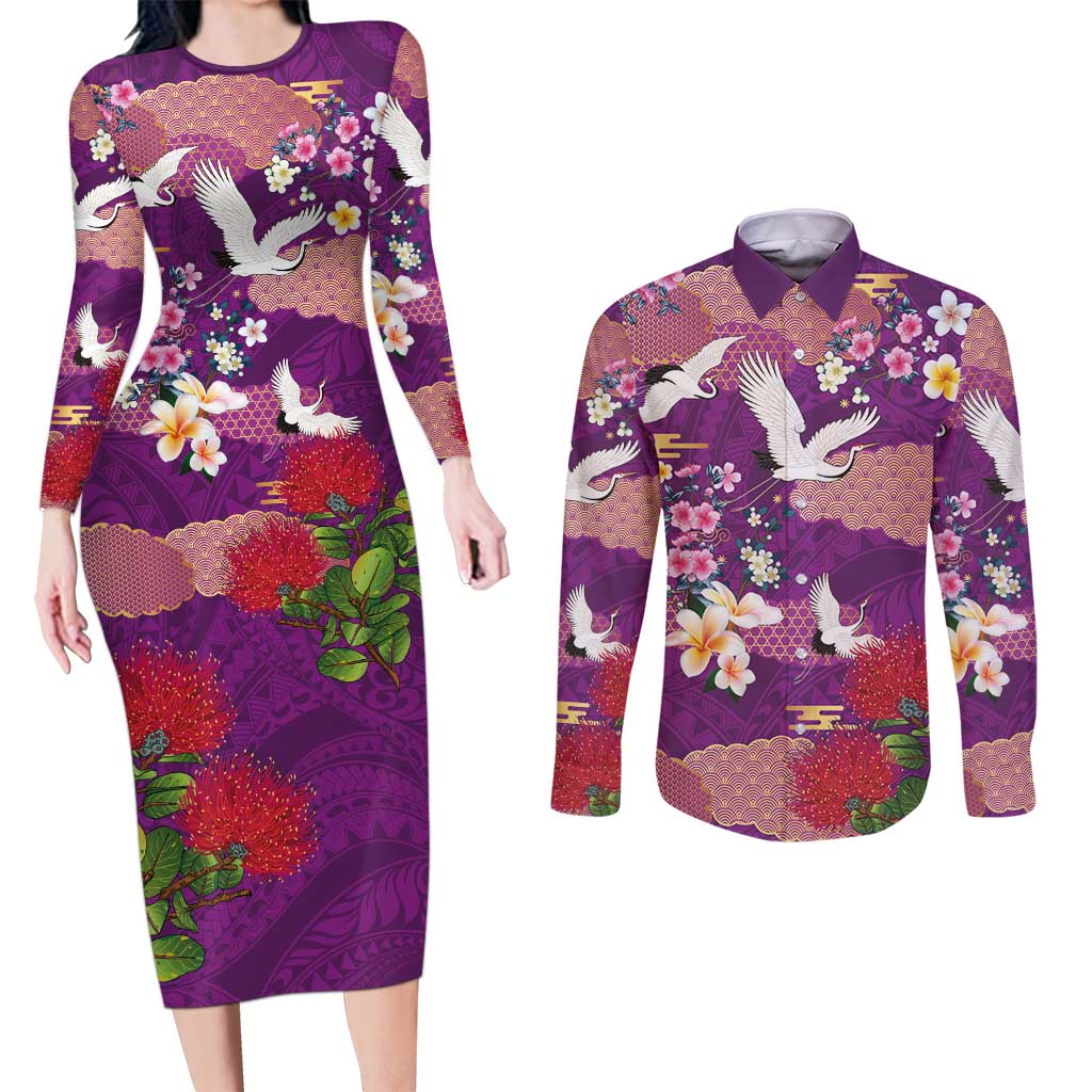 Hawaiian and Japanese Culture Together Couples Matching Long Sleeve Bodycon Dress and Long Sleeve Button Shirt Purple Ohia Lehua Plumeria and Sakura Blooming - Polynesian Pride