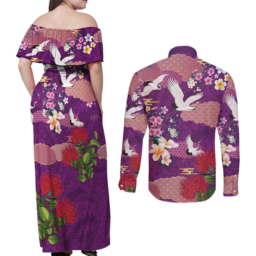 Hawaiian and Japanese Culture Together Couples Matching Off Shoulder Maxi Dress and Long Sleeve Button Shirt Purple Ohia Lehua Plumeria and Sakura Blooming - Polynesian Pride