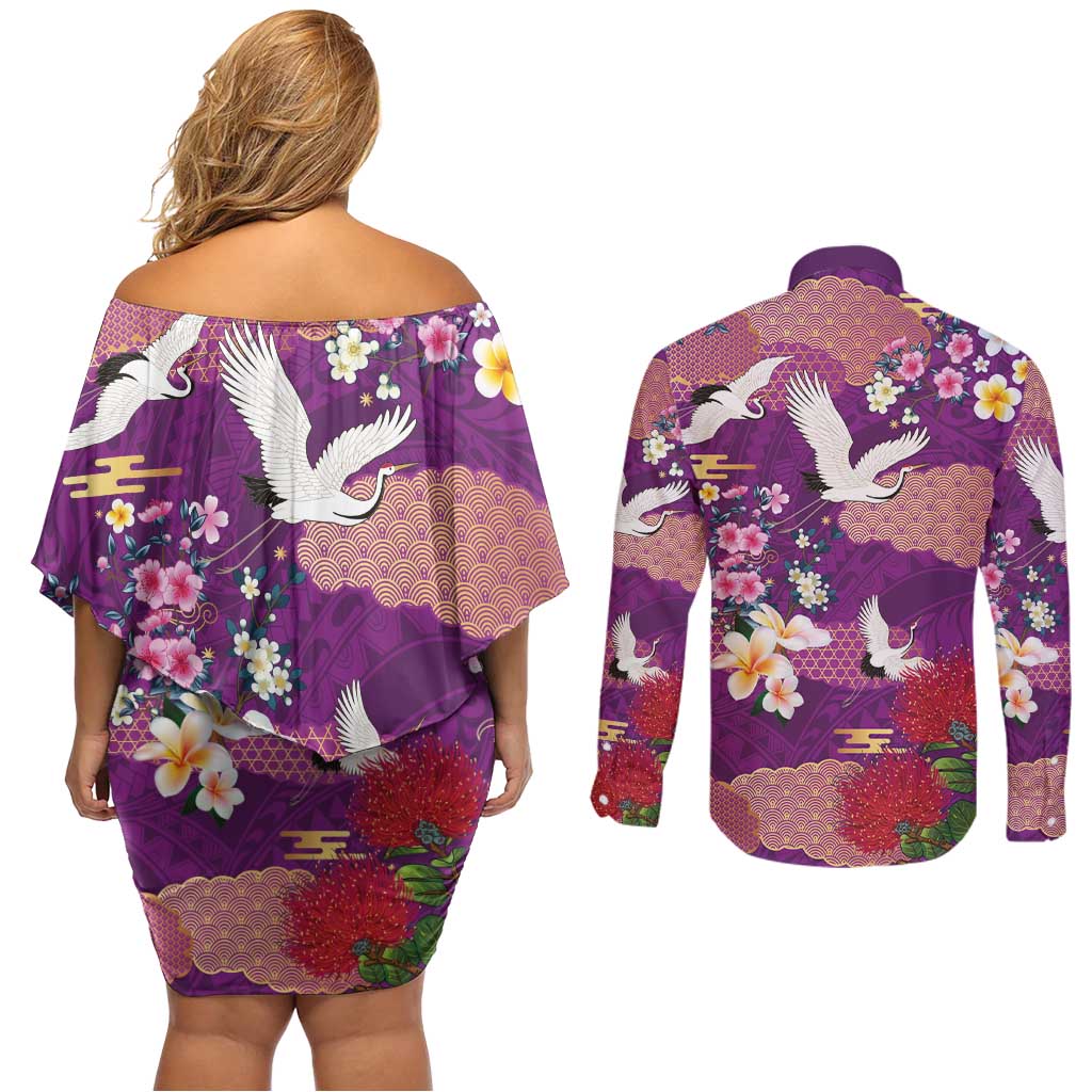 Hawaiian and Japanese Culture Together Couples Matching Off Shoulder Short Dress and Long Sleeve Button Shirt Purple Ohia Lehua Plumeria and Sakura Blooming - Polynesian Pride