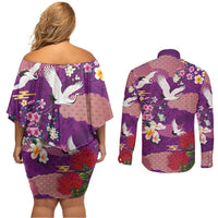 Hawaiian and Japanese Culture Together Couples Matching Off Shoulder Short Dress and Long Sleeve Button Shirt Purple Ohia Lehua Plumeria and Sakura Blooming - Polynesian Pride