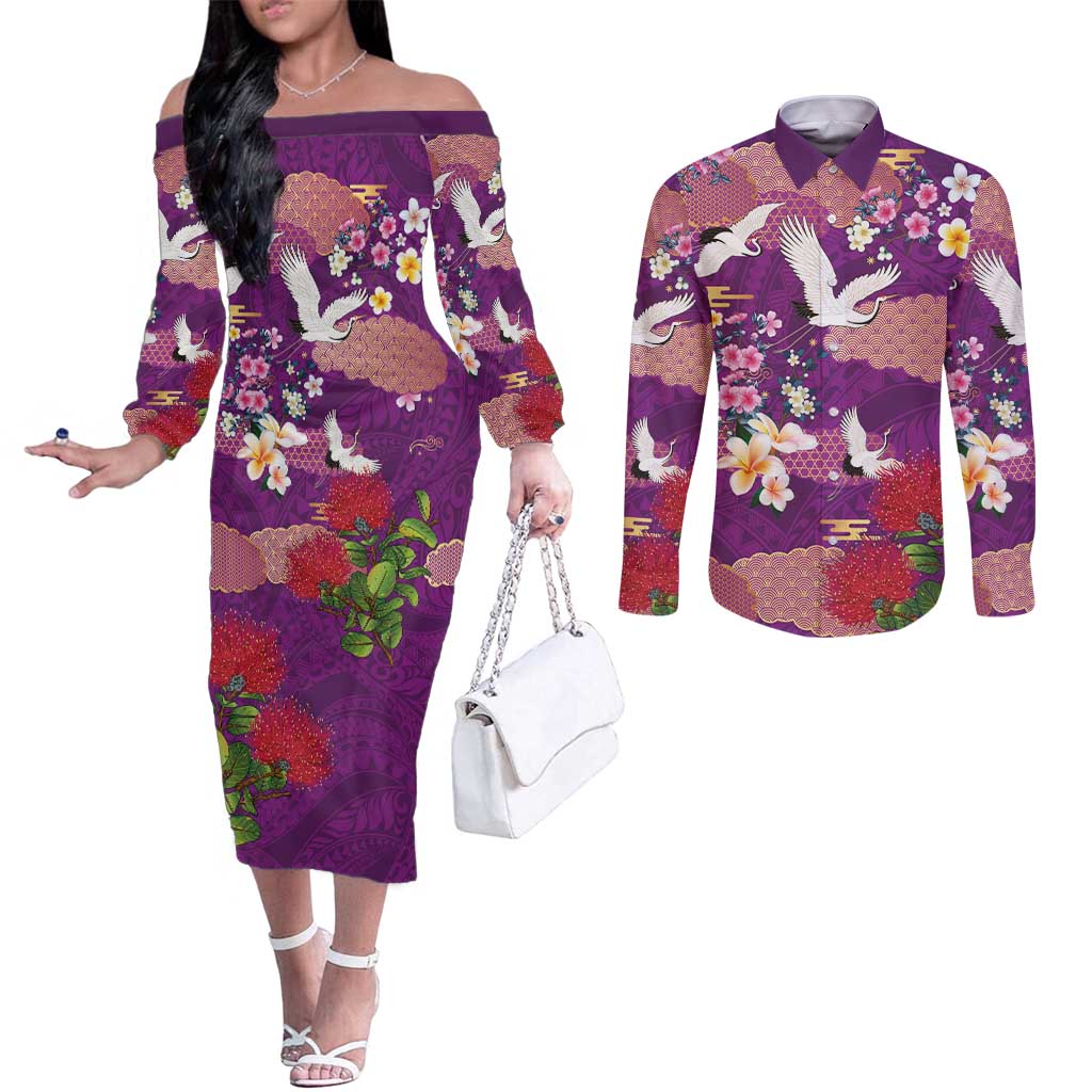 Hawaiian and Japanese Culture Together Couples Matching Off The Shoulder Long Sleeve Dress and Long Sleeve Button Shirt Purple Ohia Lehua Plumeria and Sakura Blooming - Polynesian Pride