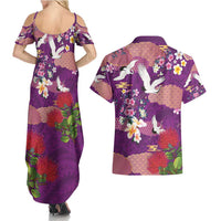 Hawaiian and Japanese Culture Together Couples Matching Summer Maxi Dress and Hawaiian Shirt Purple Ohia Lehua Plumeria and Sakura Blooming - Polynesian Pride