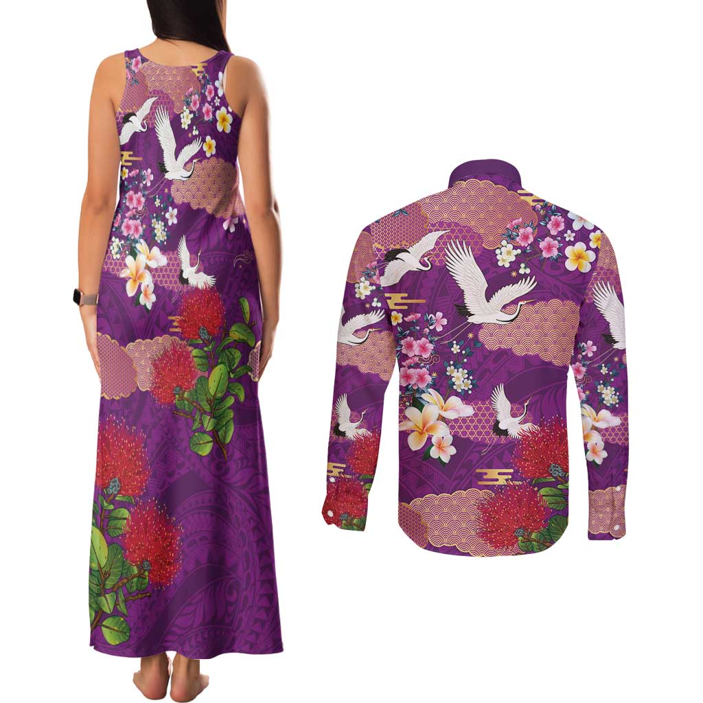 Hawaiian and Japanese Culture Together Couples Matching Tank Maxi Dress and Long Sleeve Button Shirt Purple Ohia Lehua Plumeria and Sakura Blooming - Polynesian Pride