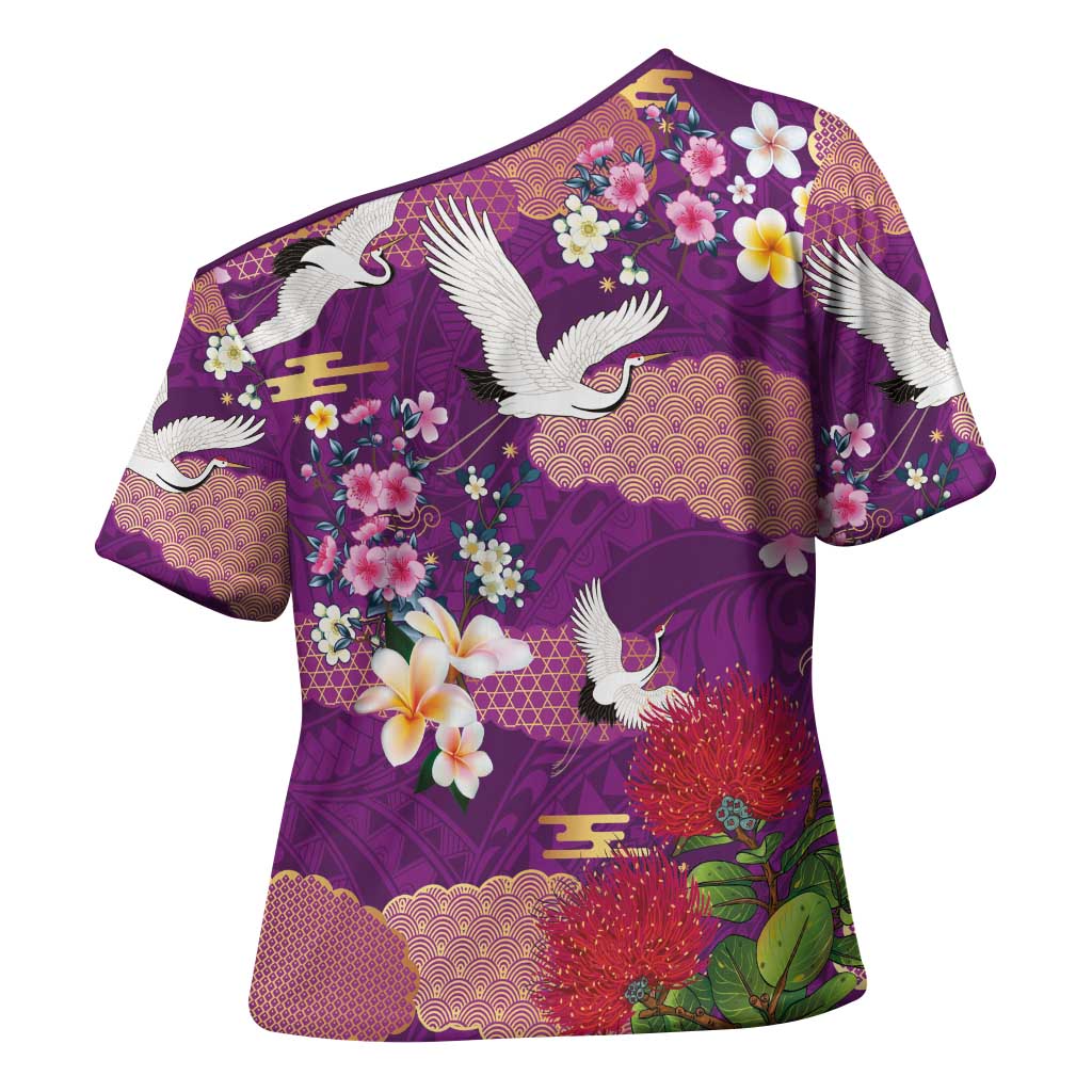 Hawaiian and Japanese Culture Together Cross Shoulder Shirt Purple Ohia Lehua Plumeria and Sakura Blooming - Polynesian Pride