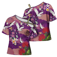 Hawaiian and Japanese Culture Together Cross Shoulder Shirt Purple Ohia Lehua Plumeria and Sakura Blooming - Polynesian Pride