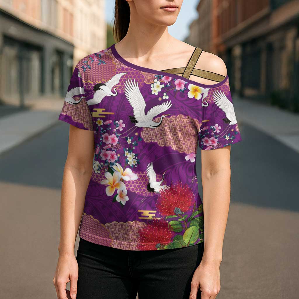 Hawaiian and Japanese Culture Together Cross Shoulder Shirt Purple Ohia Lehua Plumeria and Sakura Blooming - Polynesian Pride