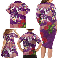 Hawaiian and Japanese Culture Together Family Matching Long Sleeve Bodycon Dress and Hawaiian Shirt Purple Ohia Lehua Plumeria and Sakura Blooming - Polynesian Pride