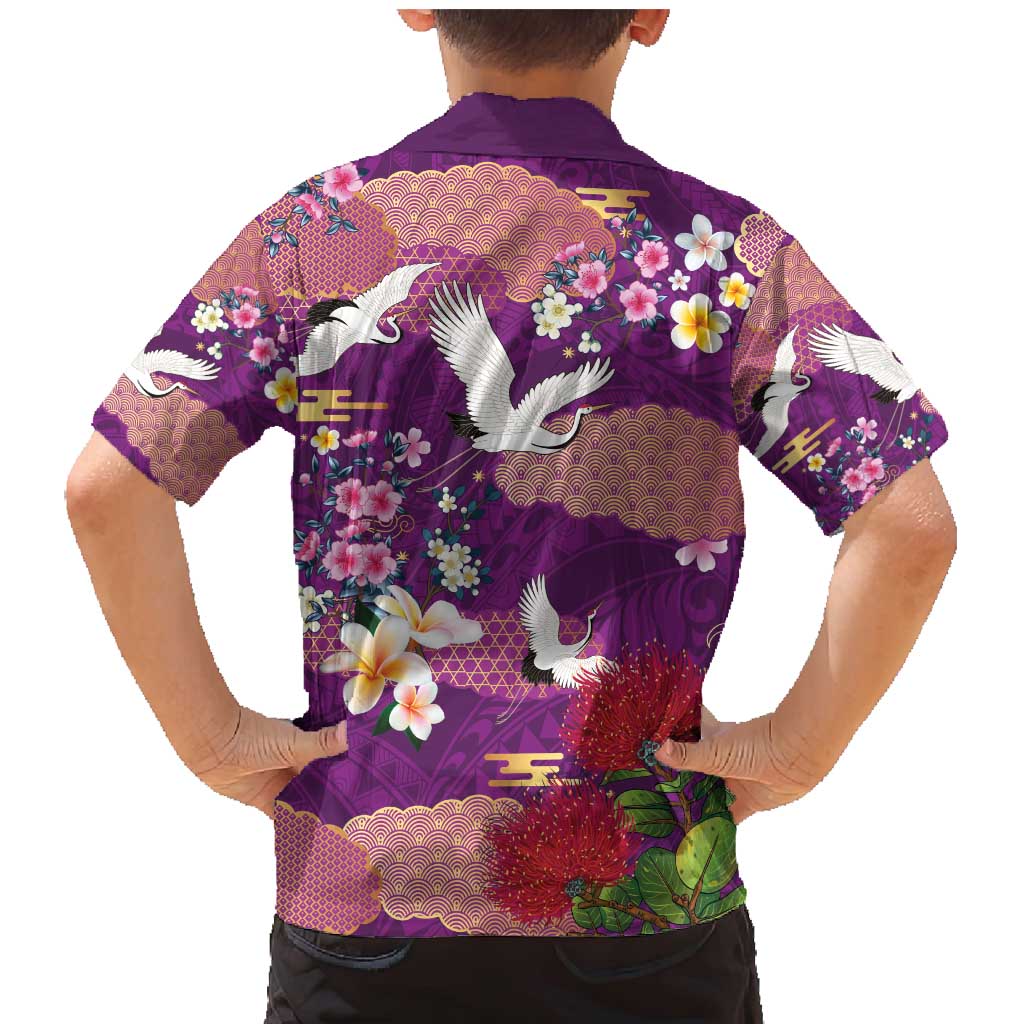 Hawaiian and Japanese Culture Together Family Matching Mermaid Dress and Hawaiian Shirt Purple Ohia Lehua Plumeria and Sakura Blooming - Polynesian Pride