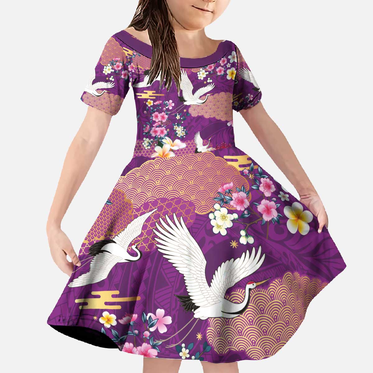 Hawaiian and Japanese Culture Together Family Matching Off The Shoulder Long Sleeve Dress and Hawaiian Shirt Purple Ohia Lehua Plumeria and Sakura Blooming - Polynesian Pride