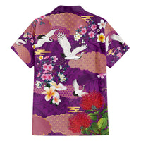 Hawaiian and Japanese Culture Together Family Matching Off The Shoulder Long Sleeve Dress and Hawaiian Shirt Purple Ohia Lehua Plumeria and Sakura Blooming - Polynesian Pride