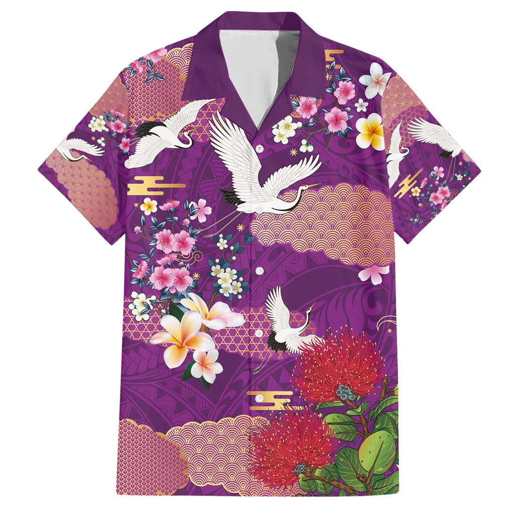 Hawaiian and Japanese Culture Together Family Matching Off Shoulder Maxi Dress and Hawaiian Shirt Purple Ohia Lehua Plumeria and Sakura Blooming - Polynesian Pride
