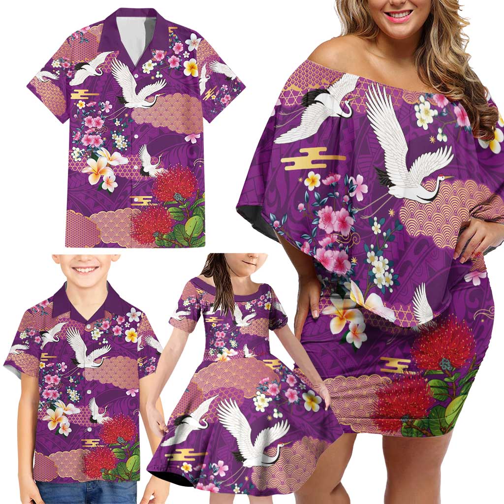 Hawaiian and Japanese Culture Together Family Matching Off Shoulder Short Dress and Hawaiian Shirt Purple Ohia Lehua Plumeria and Sakura Blooming - Polynesian Pride