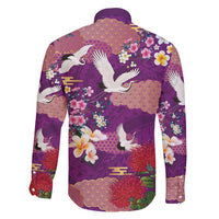 Hawaiian and Japanese Culture Together Family Matching Off Shoulder Short Dress and Hawaiian Shirt Purple Ohia Lehua Plumeria and Sakura Blooming - Polynesian Pride