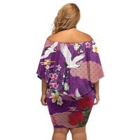 Hawaiian and Japanese Culture Together Family Matching Off Shoulder Short Dress and Hawaiian Shirt Purple Ohia Lehua Plumeria and Sakura Blooming - Polynesian Pride