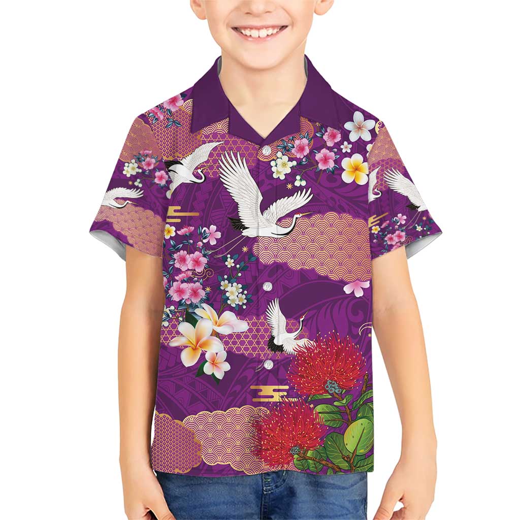 Hawaiian and Japanese Culture Together Family Matching Short Sleeve Bodycon Dress and Hawaiian Shirt Purple Ohia Lehua Plumeria and Sakura Blooming - Polynesian Pride