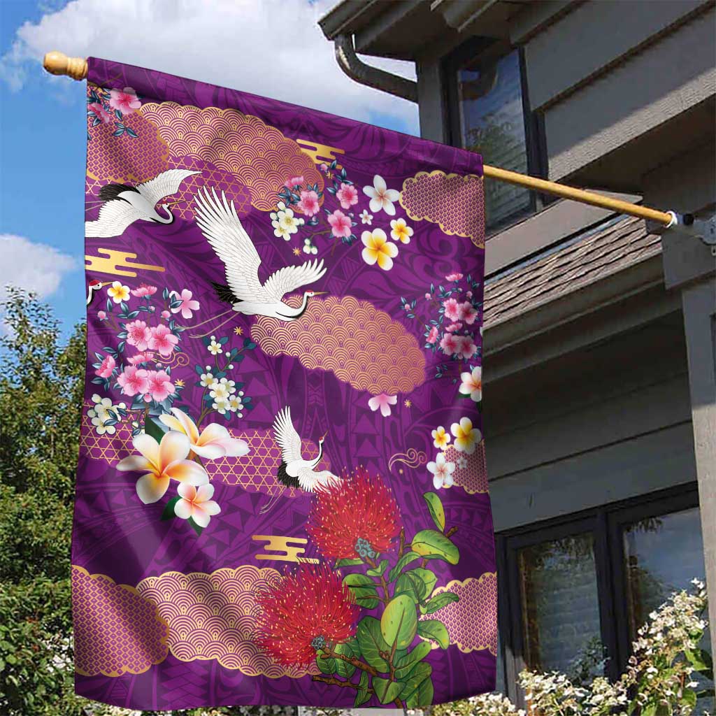 Hawaiian and Japanese Culture Together Garden Flag Purple Ohia Lehua Plumeria and Sakura Blooming - Polynesian Pride