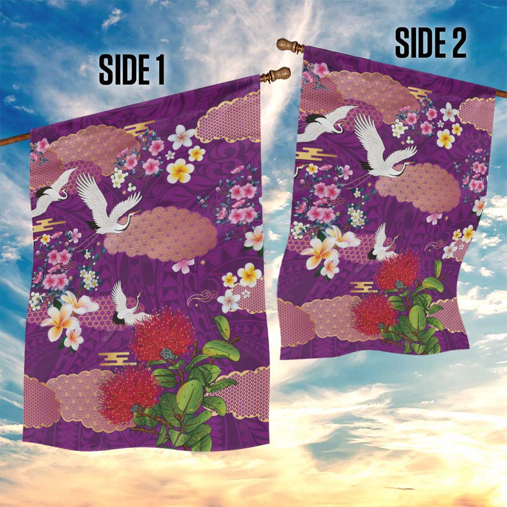 Hawaiian and Japanese Culture Together Garden Flag Purple Ohia Lehua Plumeria and Sakura Blooming - Polynesian Pride
