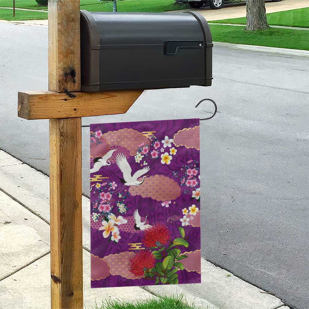 Hawaiian and Japanese Culture Together Garden Flag Purple Ohia Lehua Plumeria and Sakura Blooming - Polynesian Pride