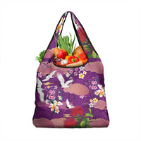 Hawaiian and Japanese Culture Together Grocery Bag Purple Ohia Lehua Plumeria and Sakura Blooming - Polynesian Pride