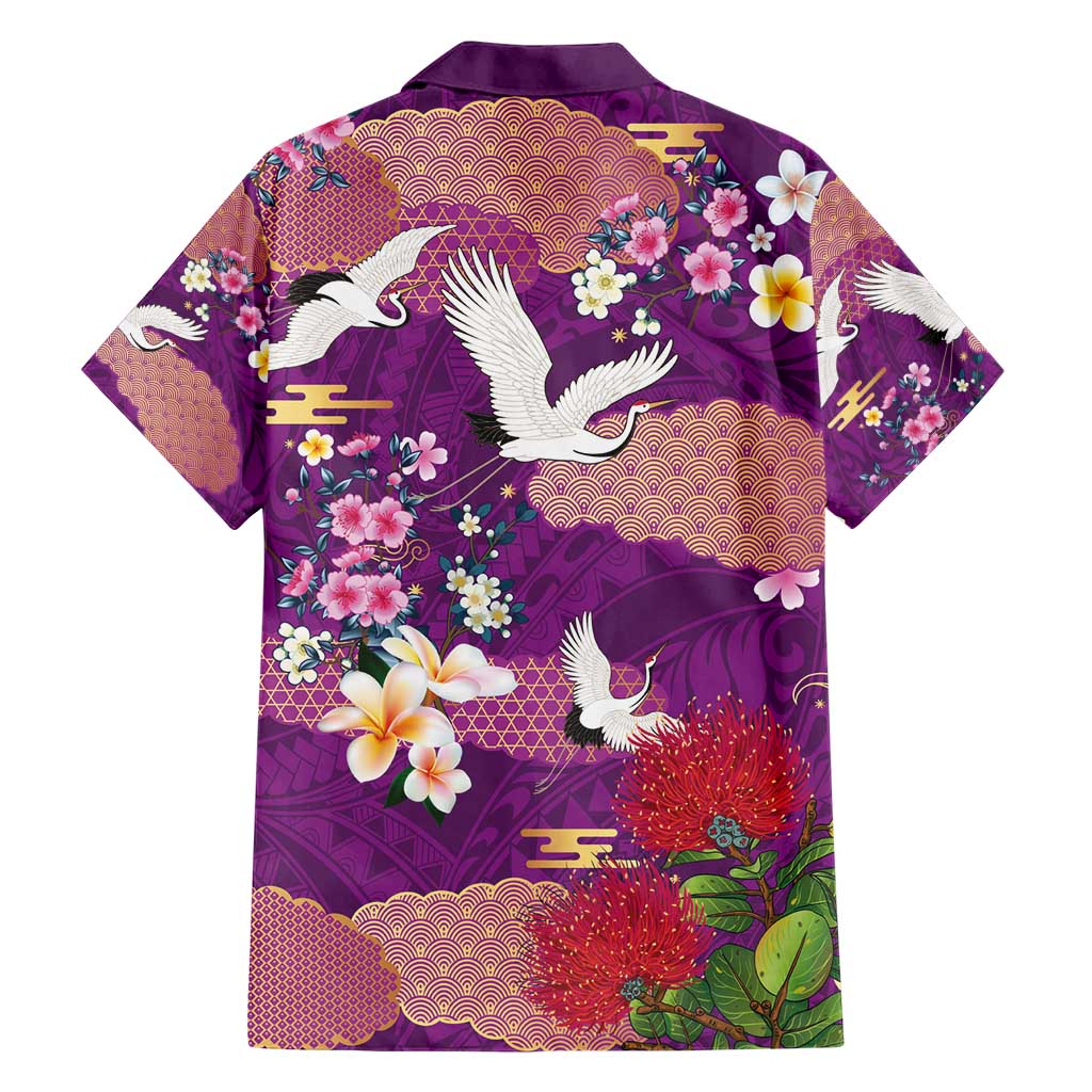 Hawaiian and Japanese Culture Together Hawaiian Shirt Purple Ohia Lehua Plumeria and Sakura Blooming - Polynesian Pride