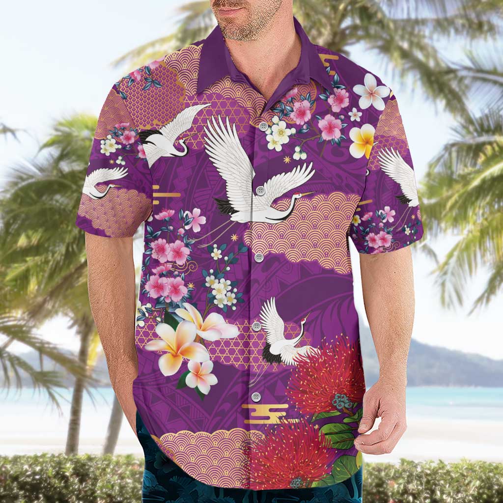 Hawaiian and Japanese Culture Together Hawaiian Shirt Purple Ohia Lehua Plumeria and Sakura Blooming - Polynesian Pride
