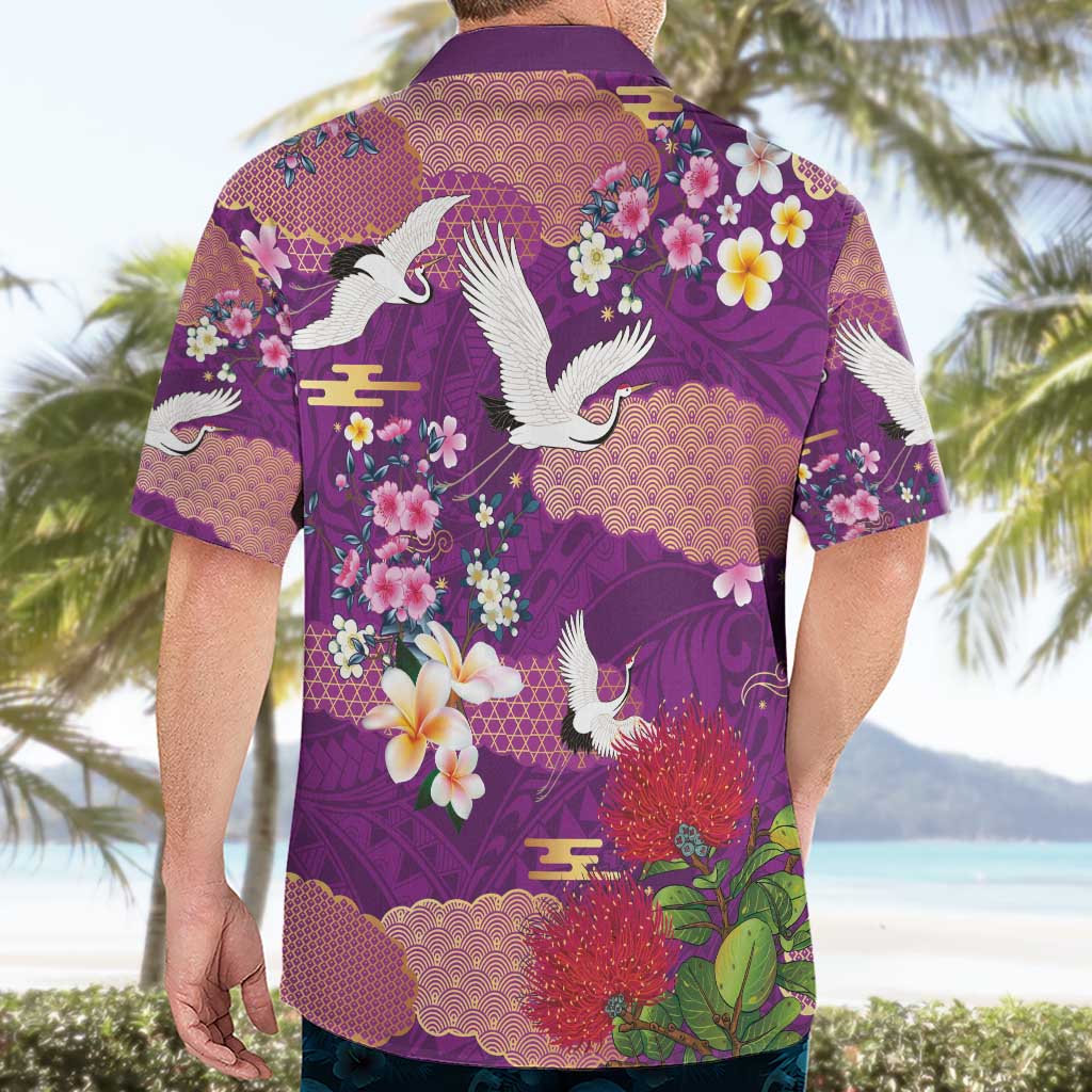 Hawaiian and Japanese Culture Together Hawaiian Shirt Purple Ohia Lehua Plumeria and Sakura Blooming - Polynesian Pride