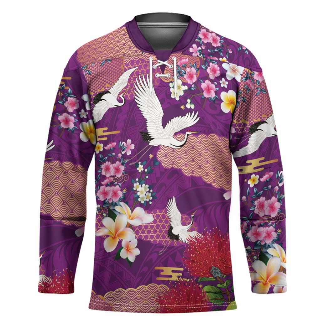 Hawaiian and Japanese Culture Together Hockey Jersey Purple Ohia Lehua Plumeria and Sakura Blooming - Polynesian Pride