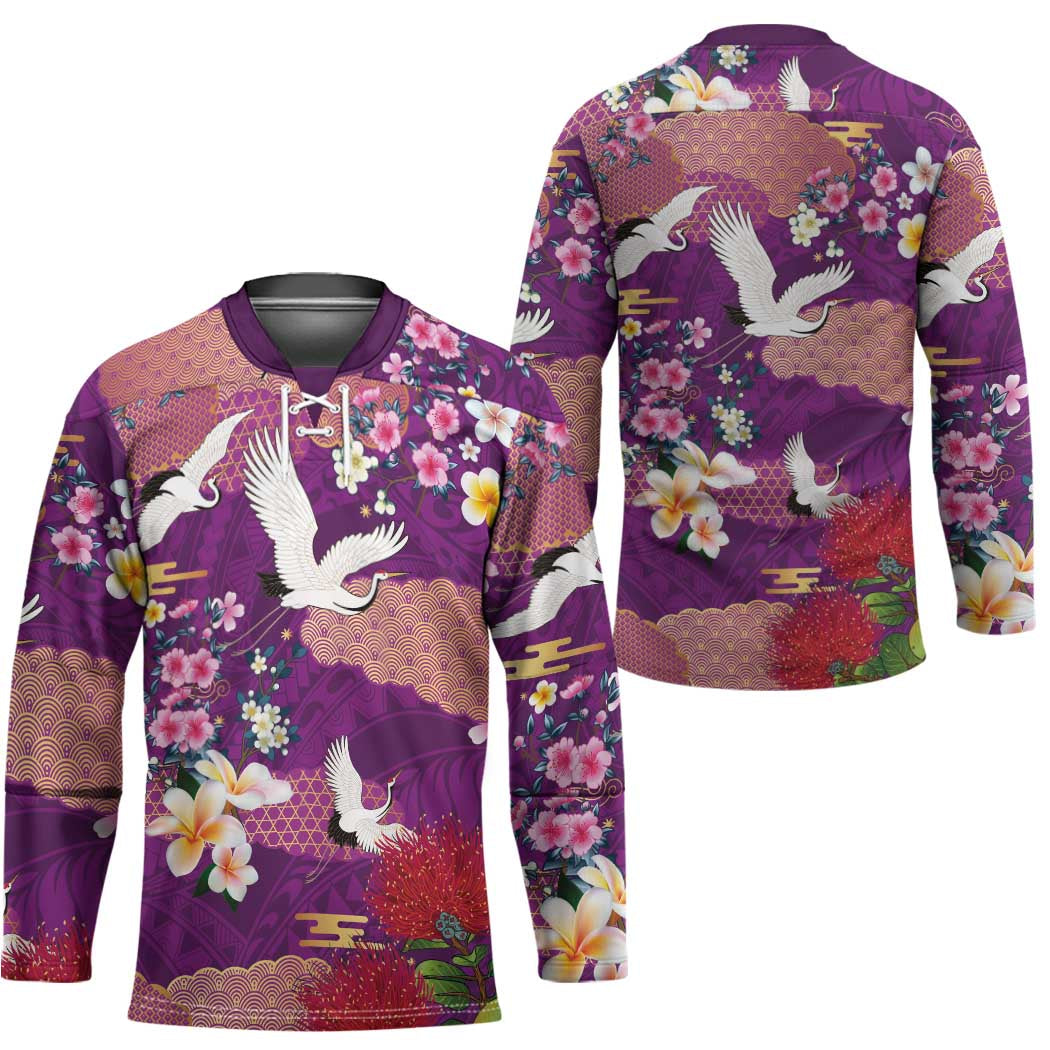 Hawaiian and Japanese Culture Together Hockey Jersey Purple Ohia Lehua Plumeria and Sakura Blooming - Polynesian Pride