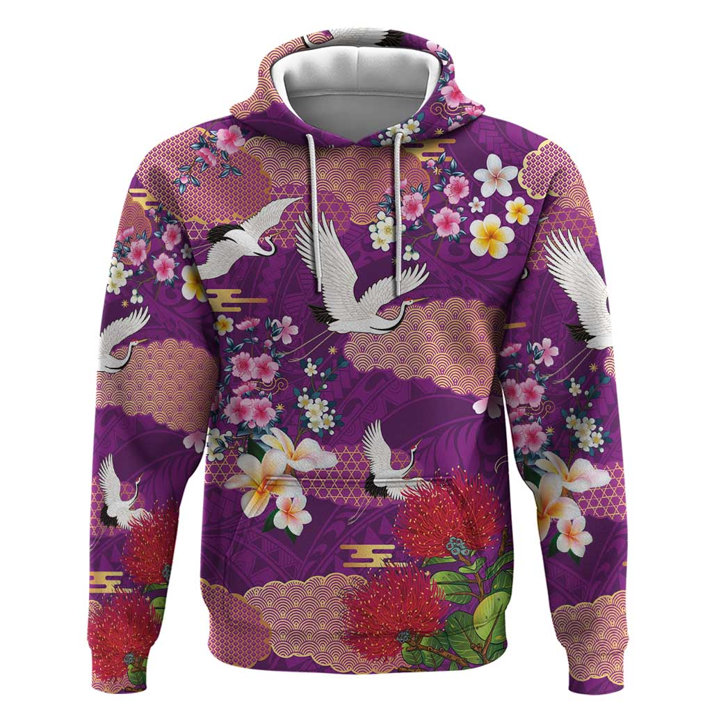 Hawaiian and Japanese Culture Together Hoodie Purple Ohia Lehua Plumeria and Sakura Blooming - Polynesian Pride