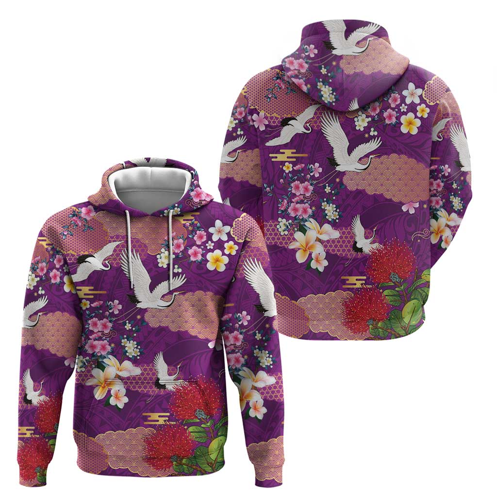 Hawaiian and Japanese Culture Together Hoodie Purple Ohia Lehua Plumeria and Sakura Blooming - Polynesian Pride