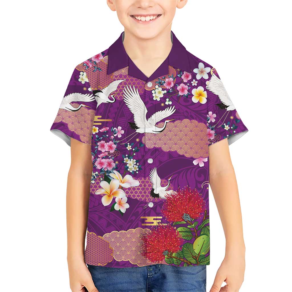 Hawaiian and Japanese Culture Together Kid Hawaiian Shirt Purple Ohia Lehua Plumeria and Sakura Blooming - Polynesian Pride