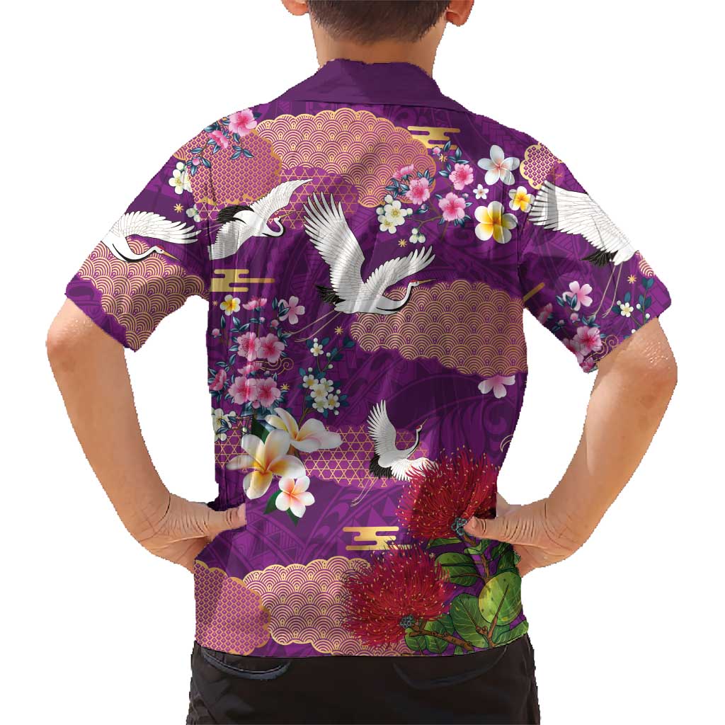 Hawaiian and Japanese Culture Together Kid Hawaiian Shirt Purple Ohia Lehua Plumeria and Sakura Blooming - Polynesian Pride