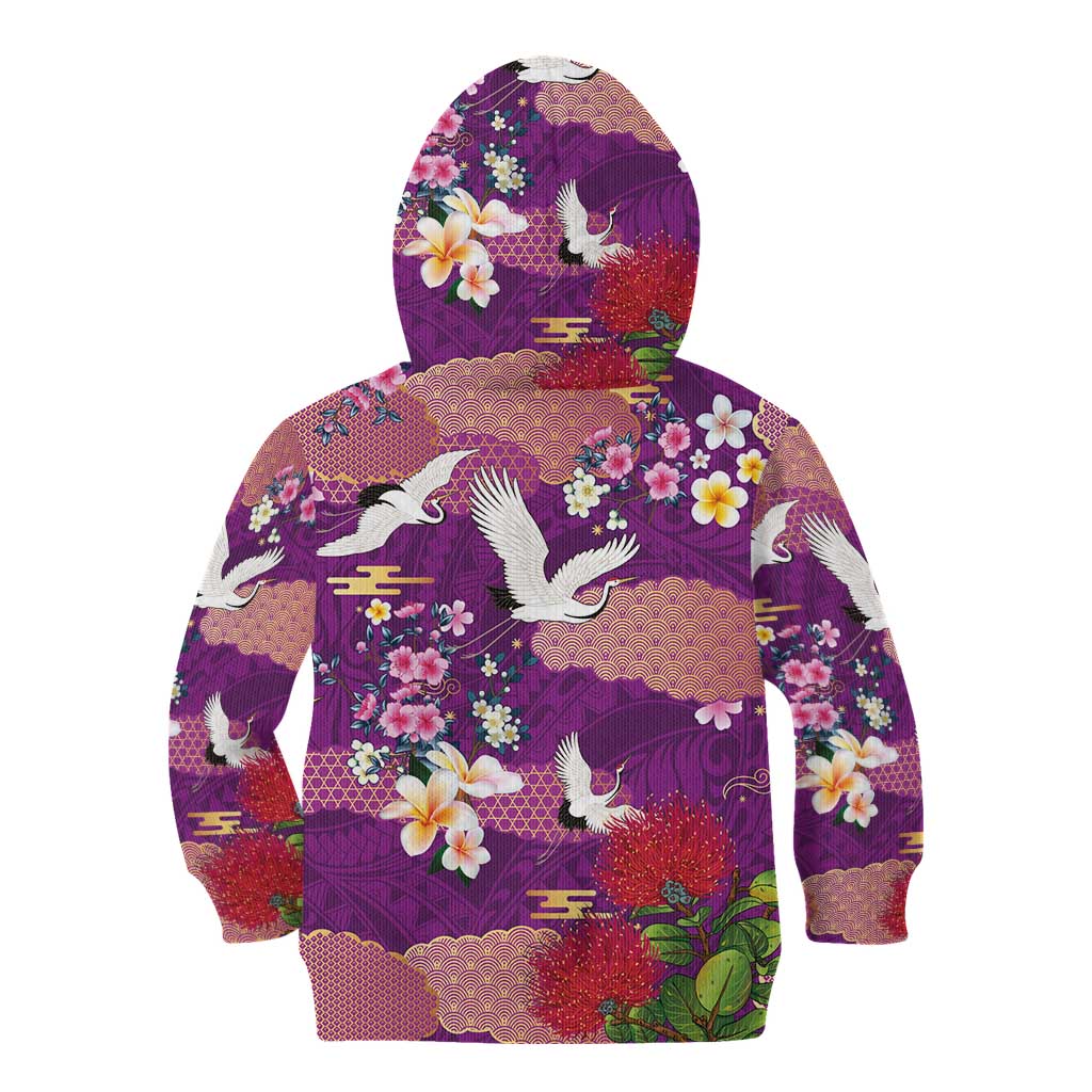 Hawaiian and Japanese Culture Together Kid Hoodie Purple Ohia Lehua Plumeria and Sakura Blooming - Polynesian Pride