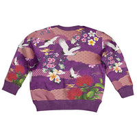 Hawaiian and Japanese Culture Together Kid Ugly Christmas Sweater Purple Ohia Lehua Plumeria and Sakura Blooming - Polynesian Pride