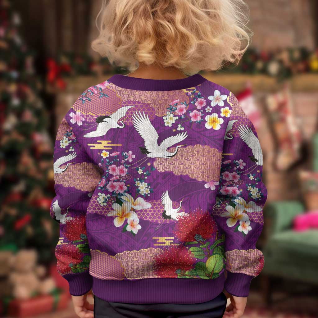 Hawaiian and Japanese Culture Together Kid Ugly Christmas Sweater Purple Ohia Lehua Plumeria and Sakura Blooming - Polynesian Pride