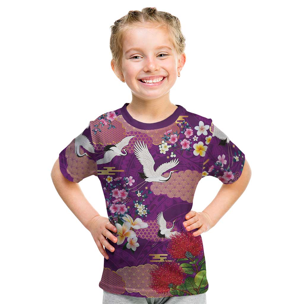 Hawaiian and Japanese Culture Together Kid T Shirt Purple Ohia Lehua Plumeria and Sakura Blooming - Polynesian Pride