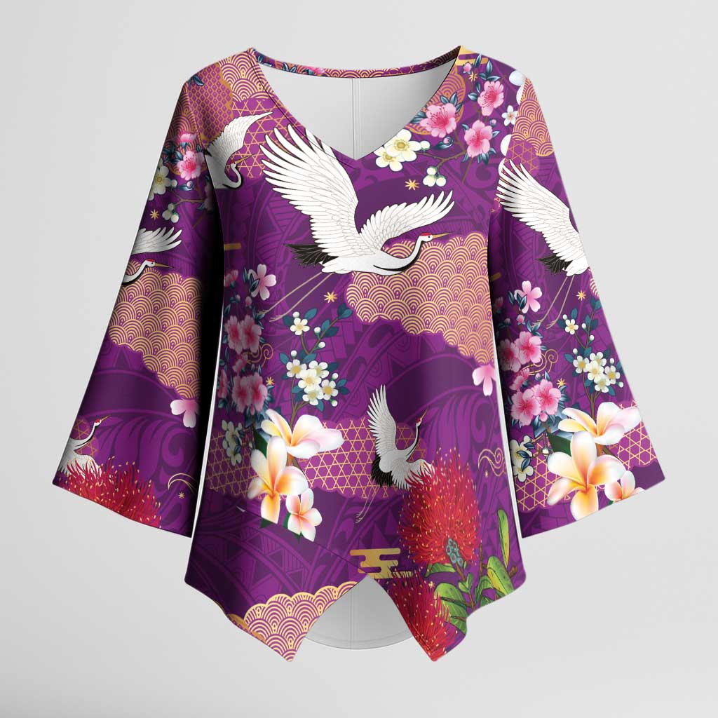 Hawaiian and Japanese Culture Together Kimono Sleeve Blouse Purple Ohia Lehua Plumeria and Sakura Blooming LT03 Female Purple - Polynesian Pride